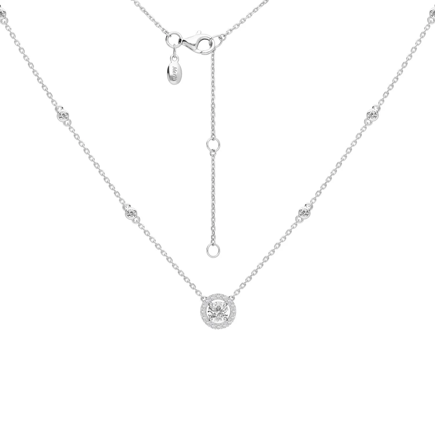 100 Cuts: Silver rhodium plated 5 mm 100 facets CZ crossover halo pendant with 16" chain necklace