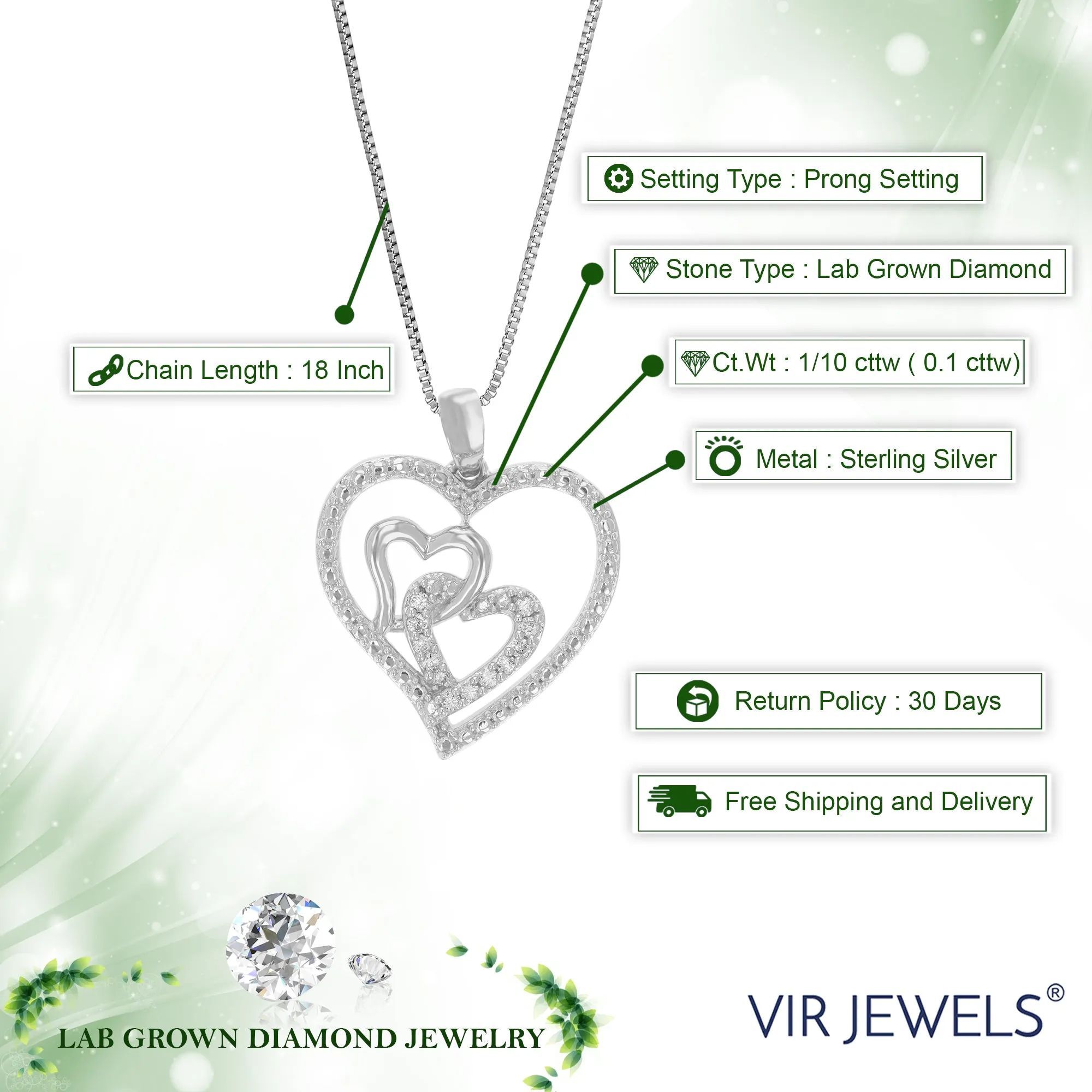 1/10 cttw Lab Grown Diamond Heart .925 Sterling Silver Pendant Necklace 3/4 Inch With 18 Inch Chain