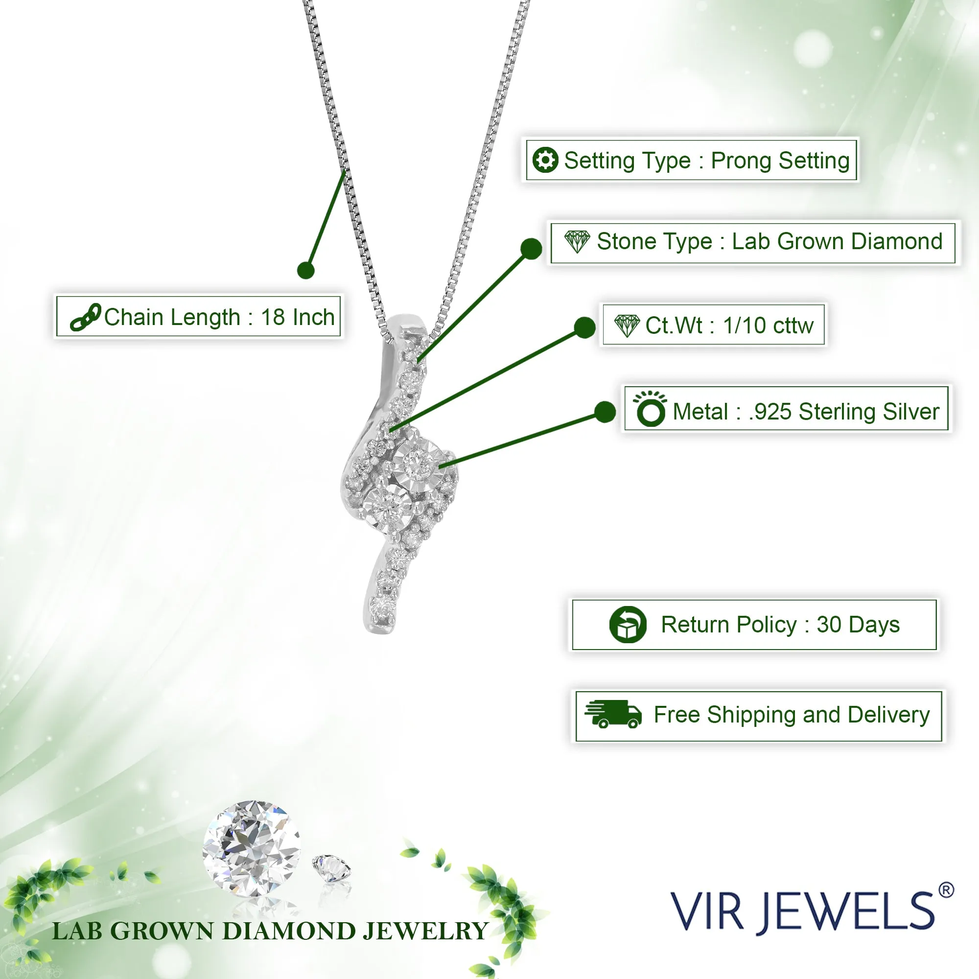 1/10 cttw Lab Grown Round Diamond .925 Sterling Silver Pendant Necklace 1/4 Inch With 18 Inch Chain