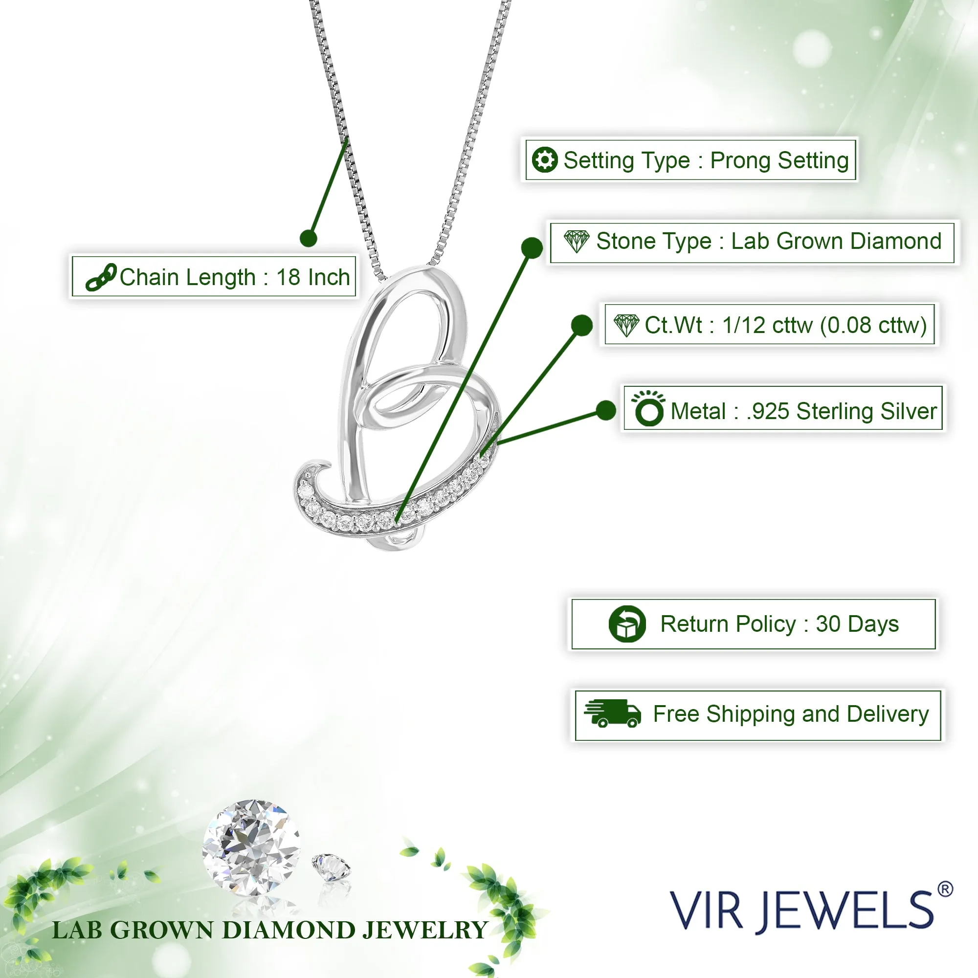 1/12 cttw Round Cut 12 Stones Lab Grown Diamond Pendant Necklace .925 Sterling Silver 2/5 Inch With 18 Inch Chain