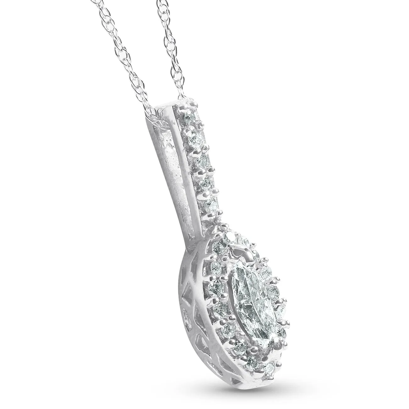 1/2ct Fancy Marquise Pave Halo Diamond Solitaire Pendant 14K White Gold