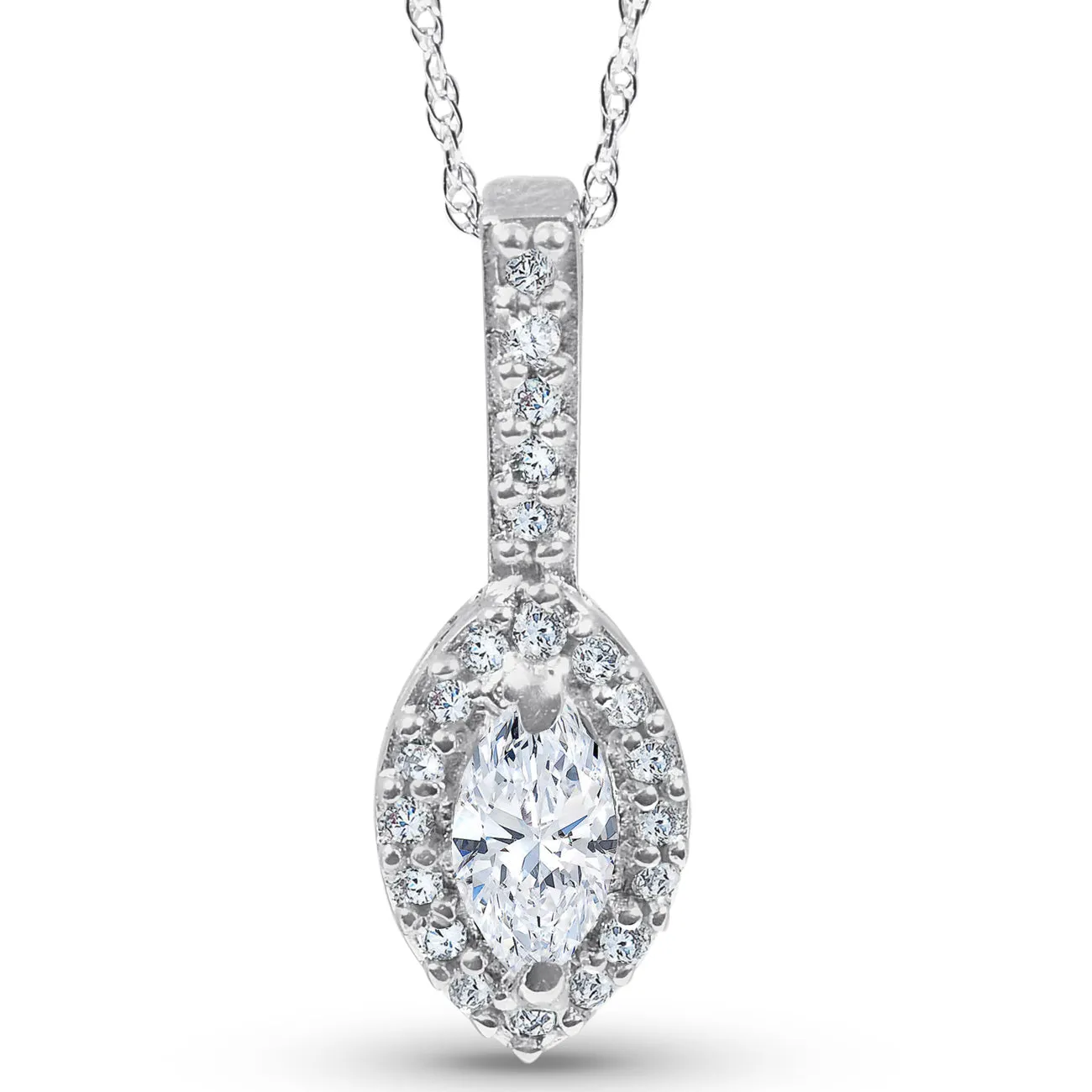 1/2ct Fancy Marquise Pave Halo Diamond Solitaire Pendant 14K White Gold