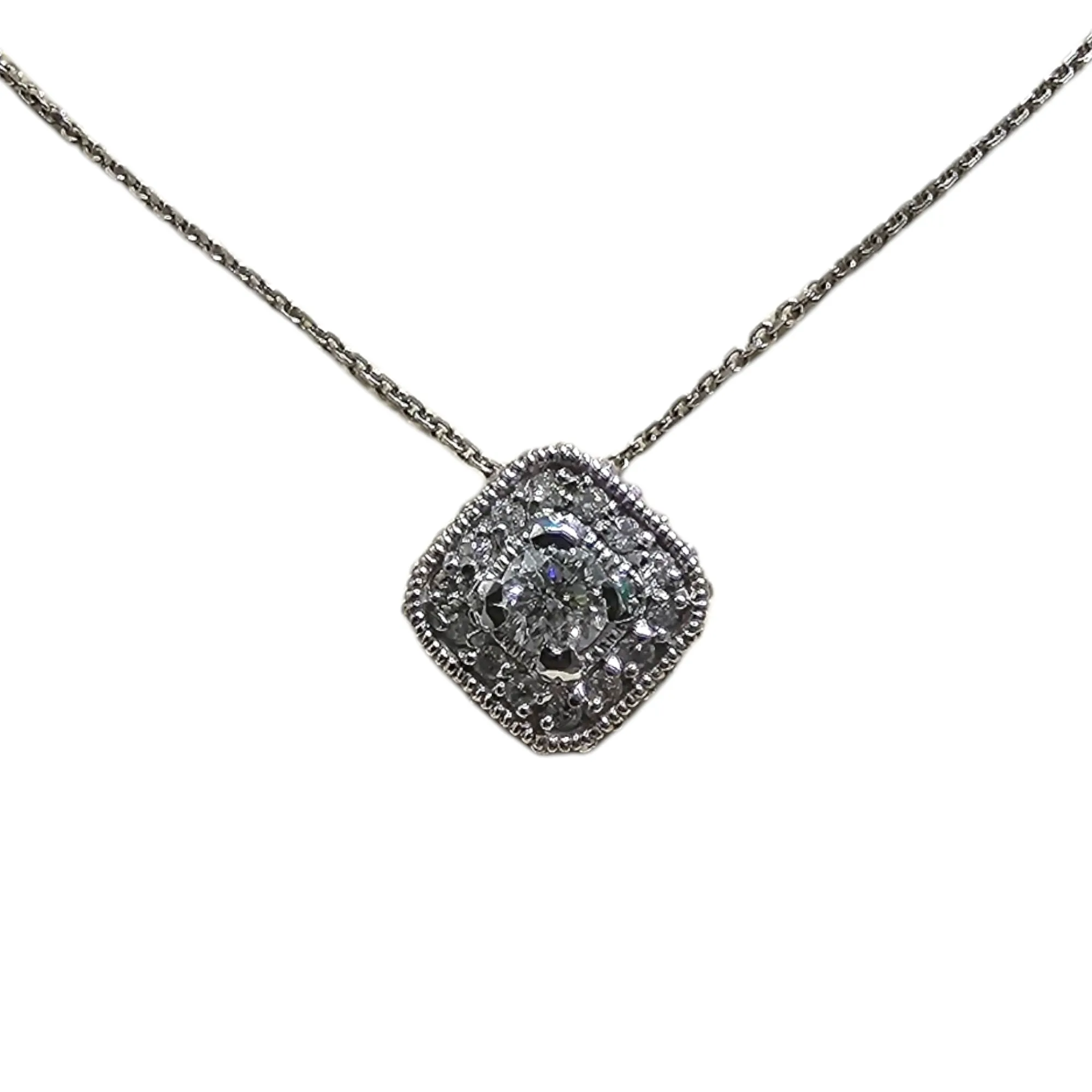 14Kt White Gold Diamond Cushion Shaped Pendant Necklace