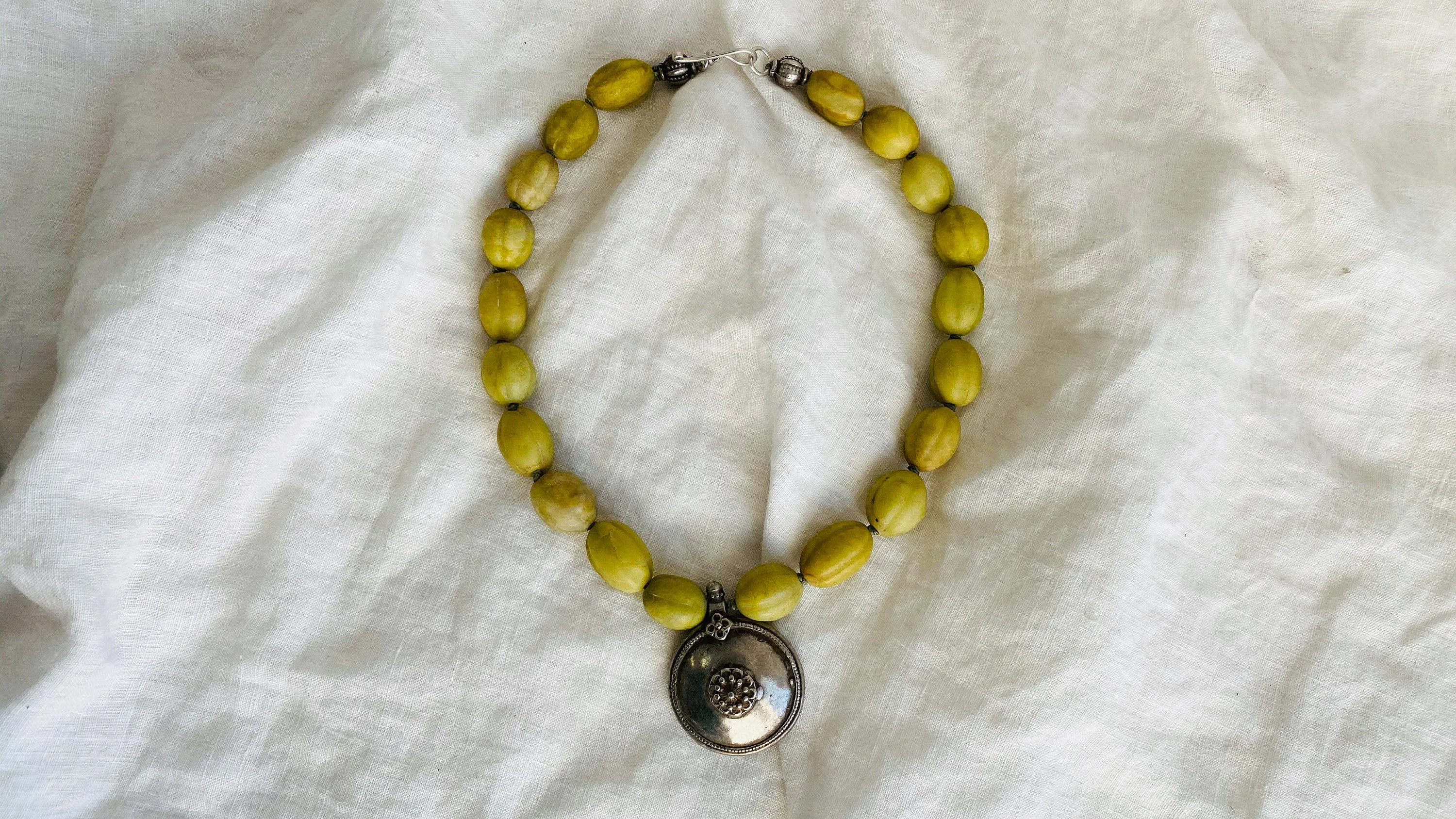 Antique Indian Silver Pendant on Yellow Calcite Necklace