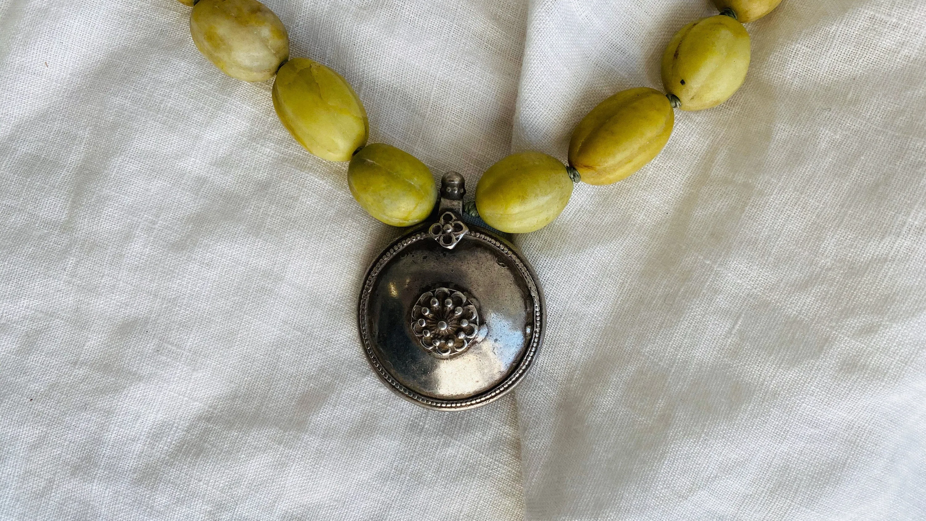 Antique Indian Silver Pendant on Yellow Calcite Necklace