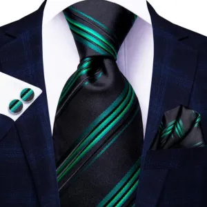 Black and Green Striped 100% Silk Necktie