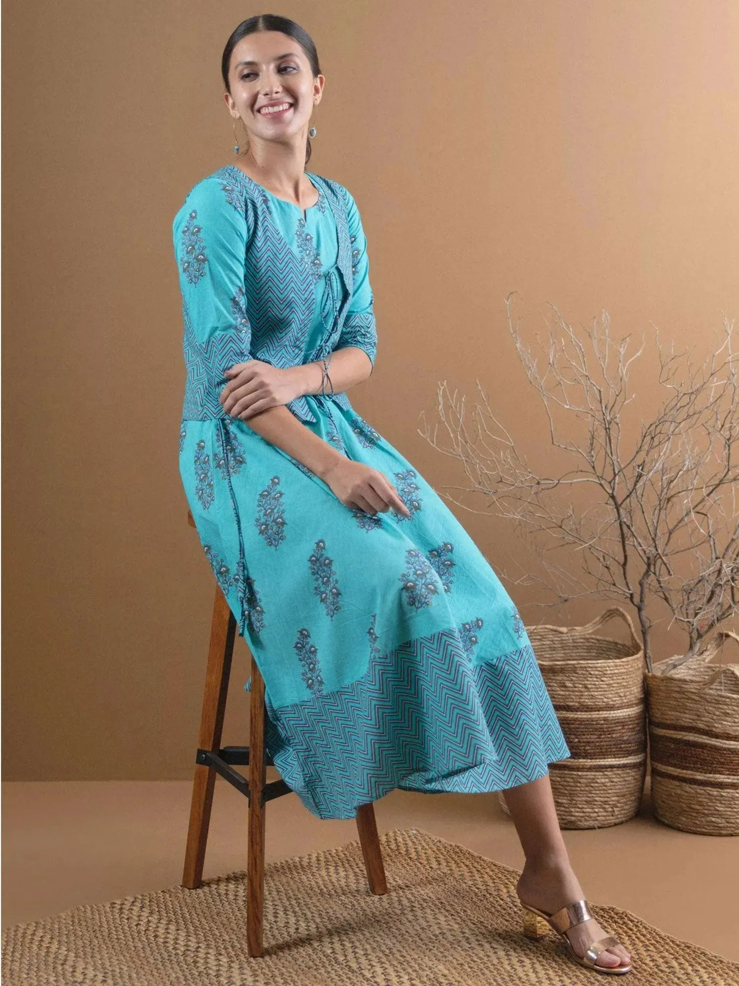 Blue Printed Cotton Jacket Dress With Mask
