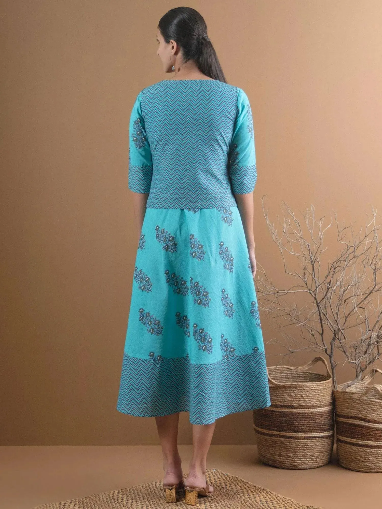 Blue Printed Cotton Jacket Dress With Mask