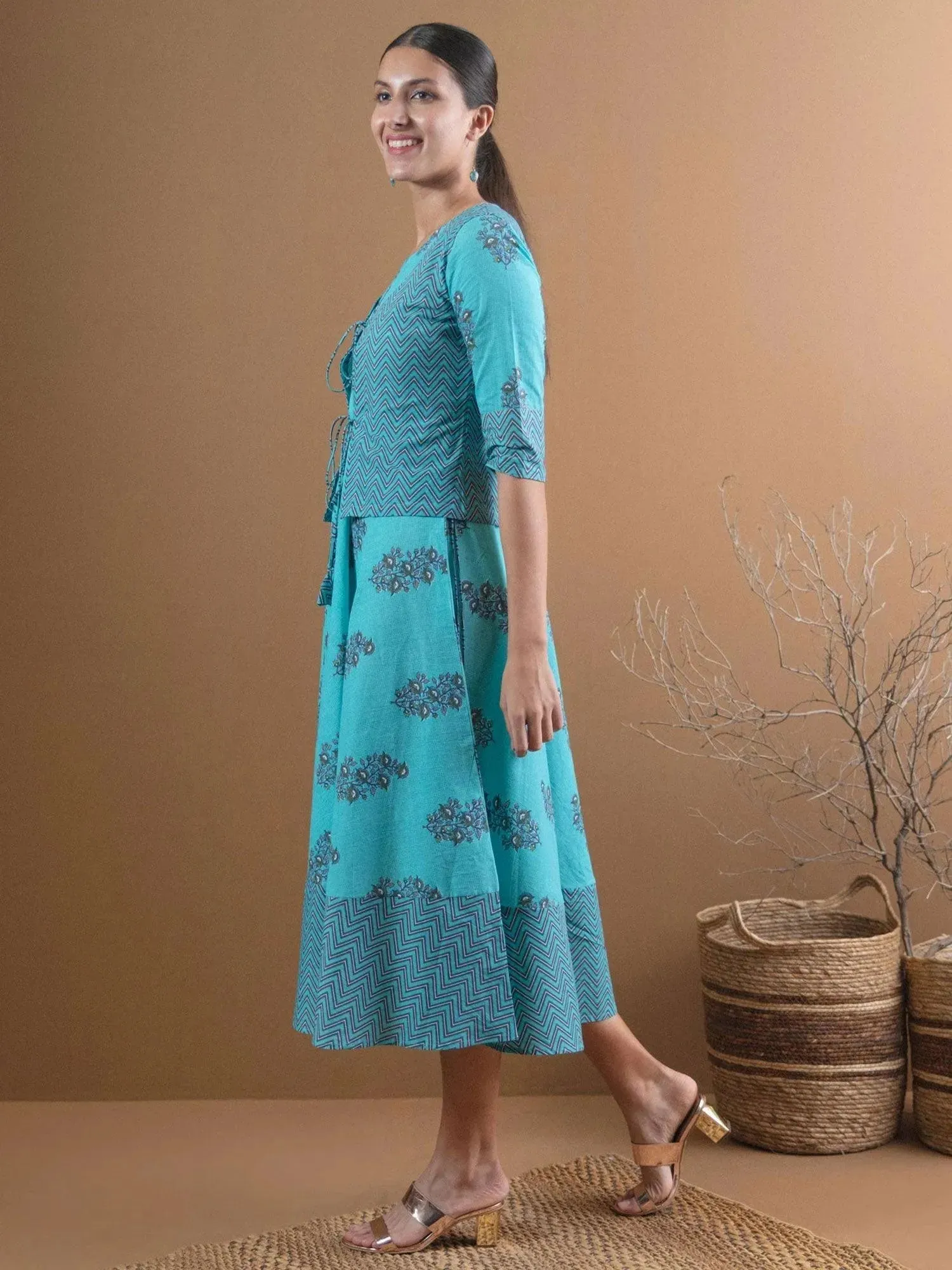 Blue Printed Cotton Jacket Dress With Mask