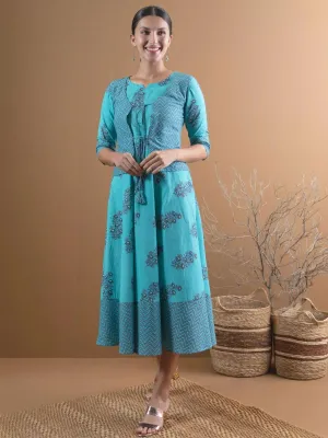 Blue Printed Cotton Jacket Dress With Mask