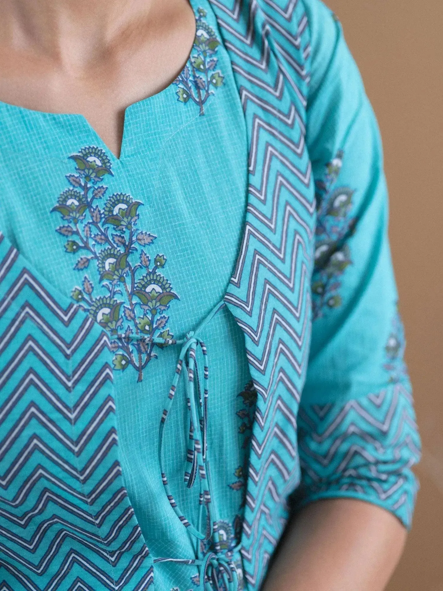 Blue Printed Cotton Jacket Dress With Mask