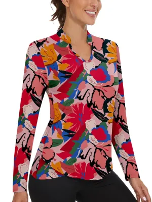 Colorful Floral Prints Stand V-Collar Long-sleeve Golf Polo for Women