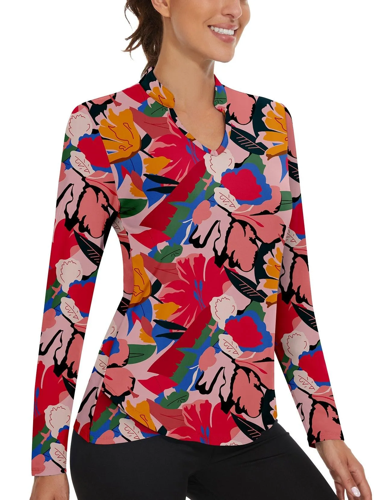 Colorful Floral Prints Stand V-Collar Long-sleeve Golf Polo for Women