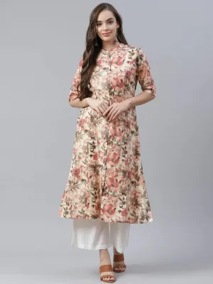 Cream Cotton Floral Print A-line Kurta