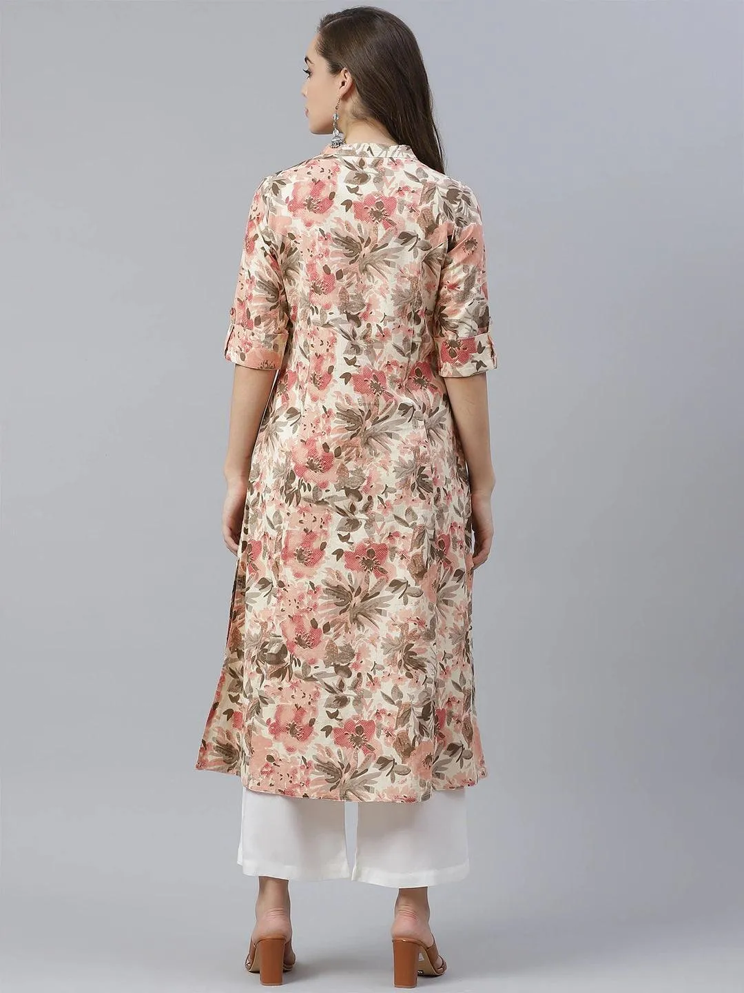 Cream Cotton Floral Print A-line Kurta