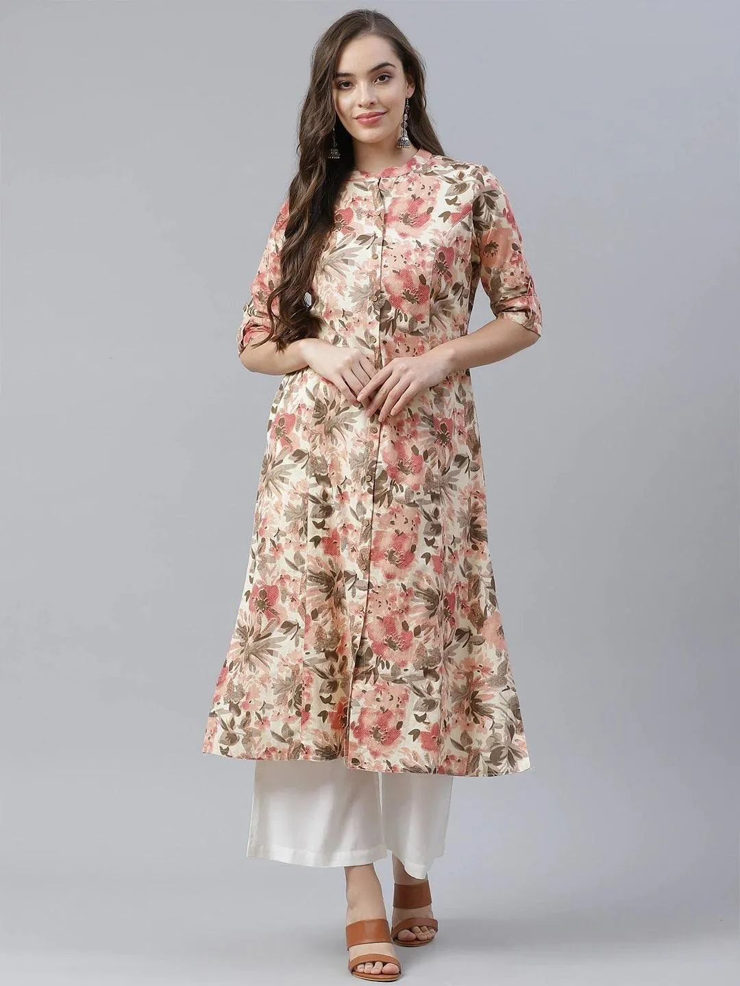 Cream Cotton Floral Print A-line Kurta
