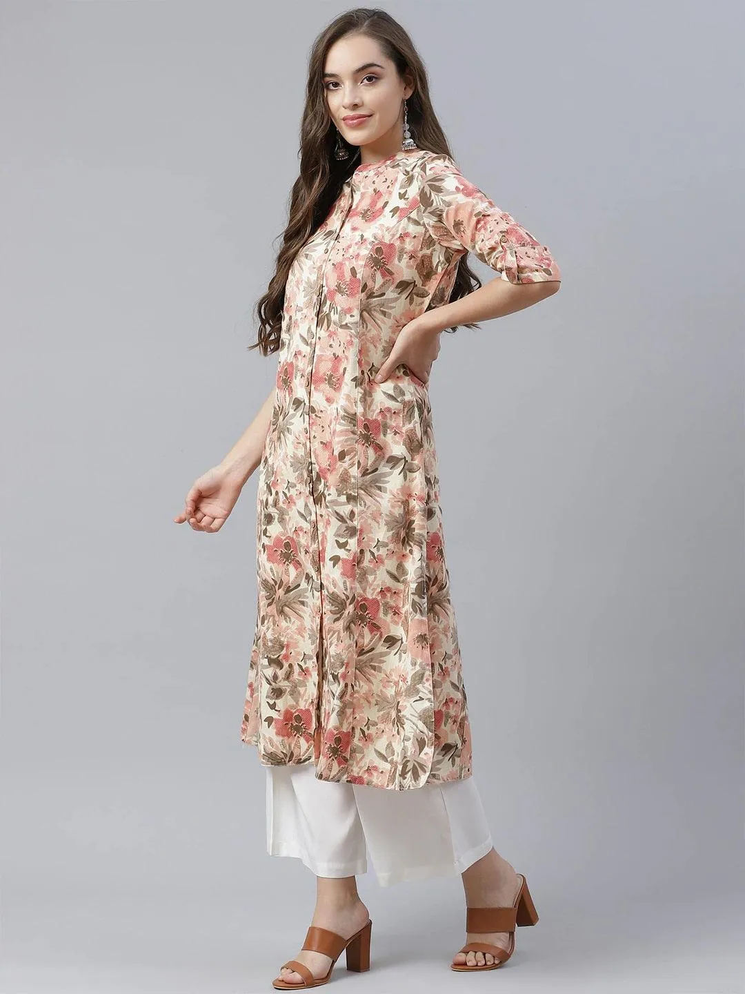 Cream Cotton Floral Print A-line Kurta