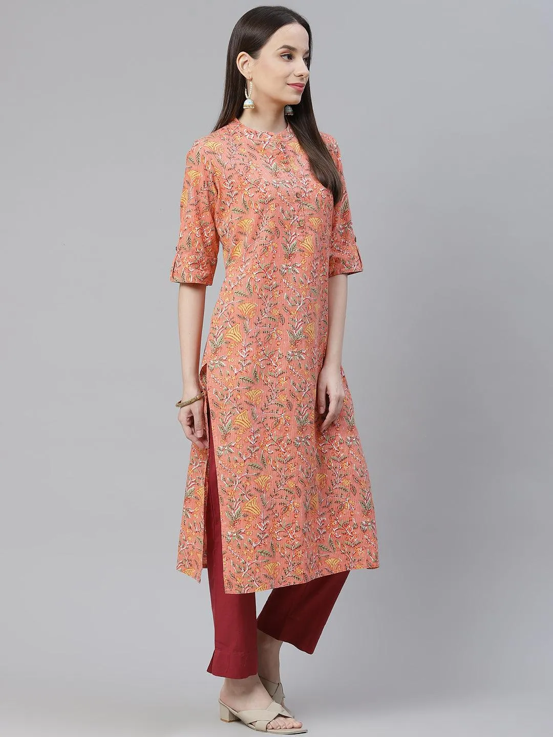 Divena Pink Printed Cotton Straight Kurta