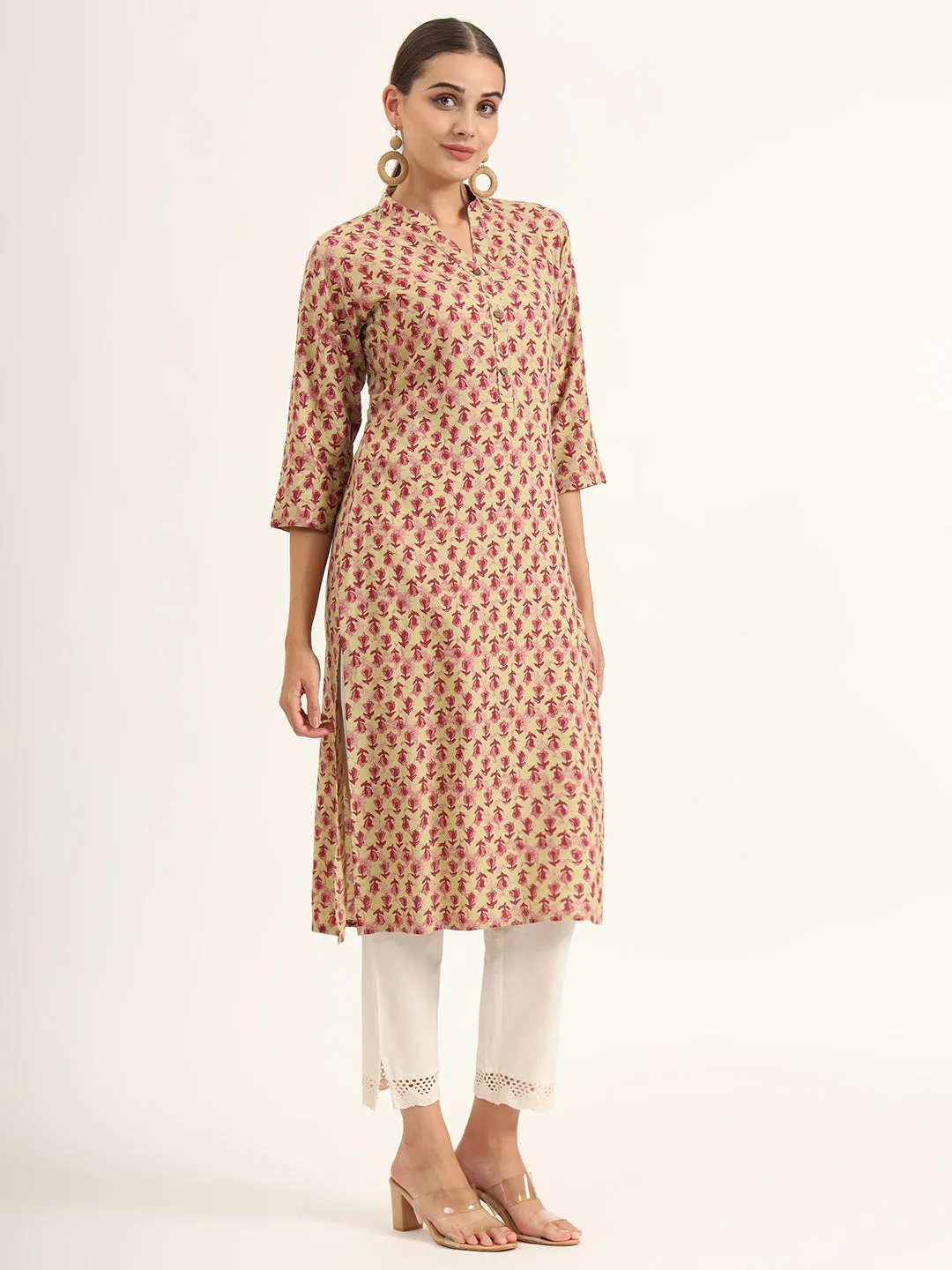 Divena Red Floral Print Pure Cotton Straight Kurta
