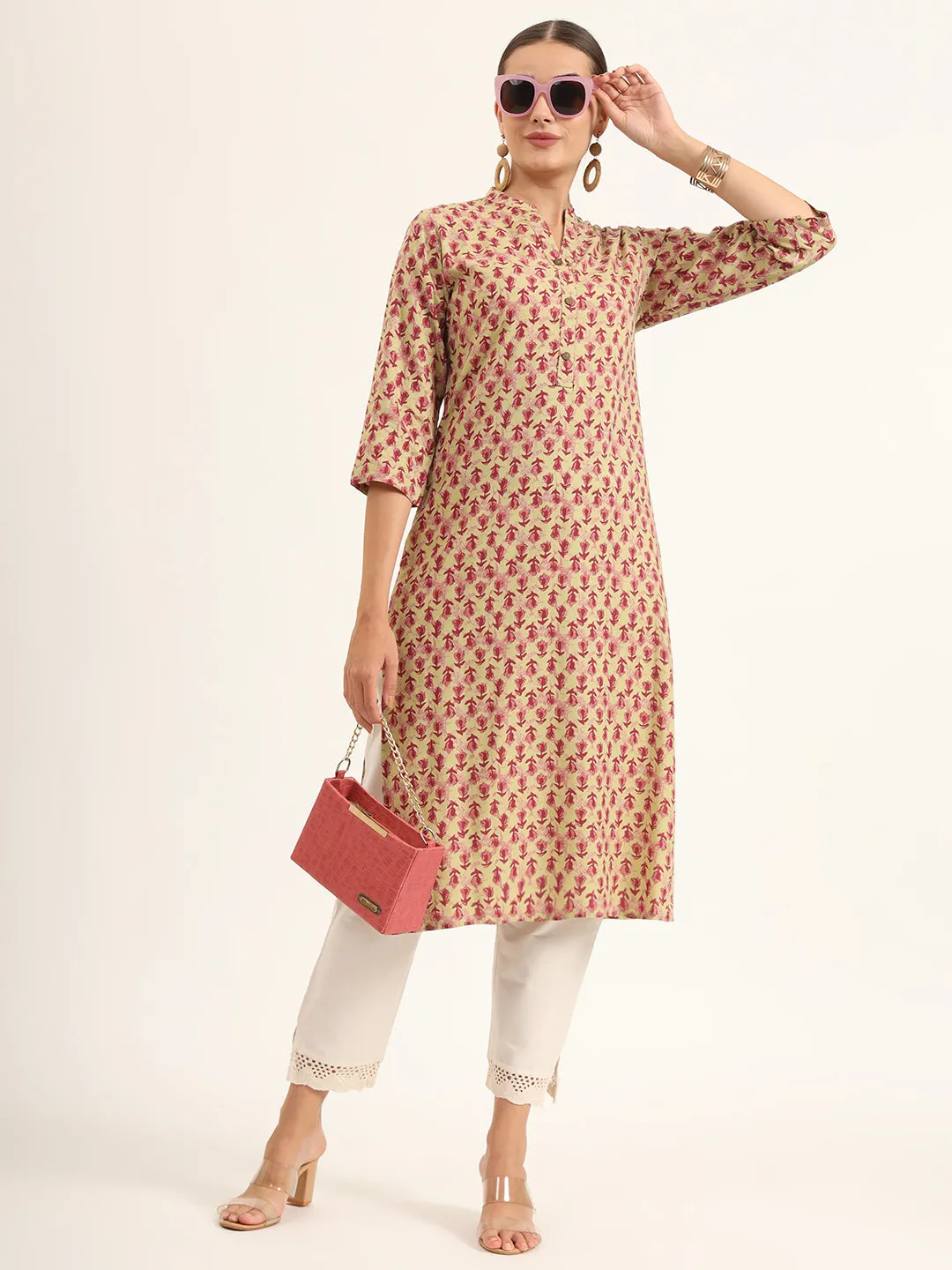 Divena Red Floral Print Pure Cotton Straight Kurta