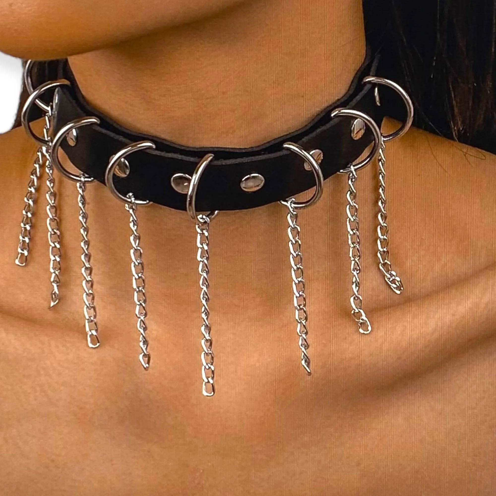 Edgy D Ring Black Leather Buckle Choker