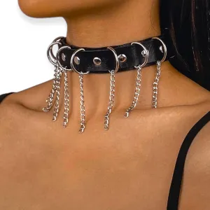 Edgy D Ring Black Leather Buckle Choker