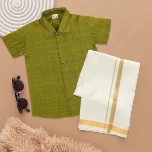 Elegant Olive Green Boys Ethnic Silk Shirt & Dhoti with Subtle Checks
