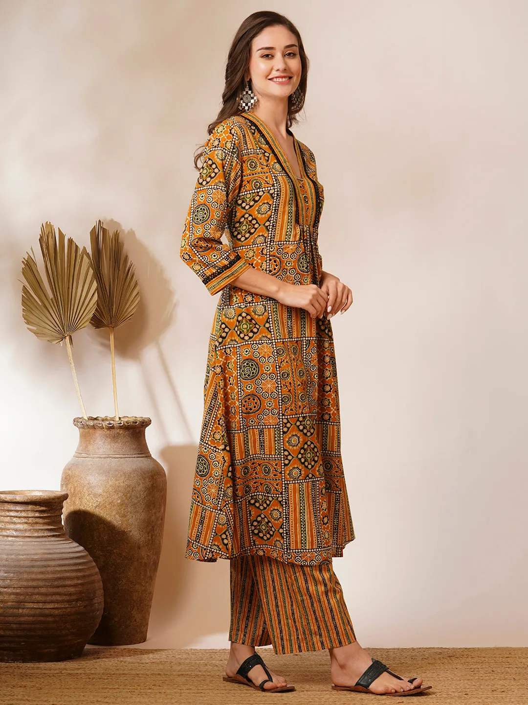 Ethnic Geometric Printed A-Line Pleated Kurta with Palazzo - Mustard