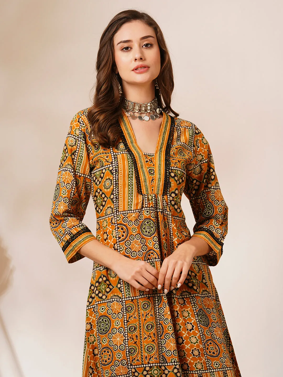 Ethnic Geometric Printed A-Line Pleated Kurta with Palazzo - Mustard