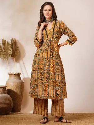 Ethnic Geometric Printed A-Line Pleated Kurta with Palazzo - Mustard