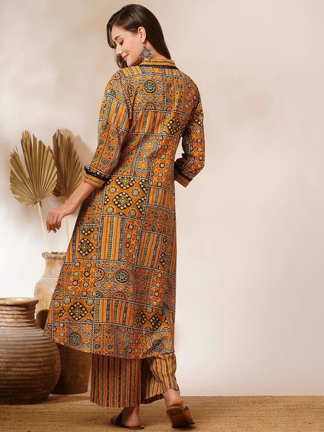 Ethnic Geometric Printed A-Line Pleated Kurta with Palazzo - Mustard