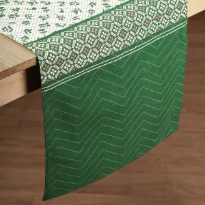 Green cotton table runner, geometrical and floral print with patchwork, table decor, sizes available