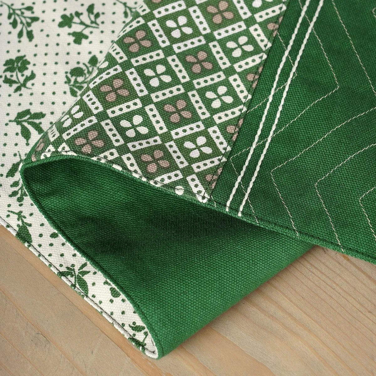 Green cotton table runner, geometrical and floral print with patchwork, table decor, sizes available