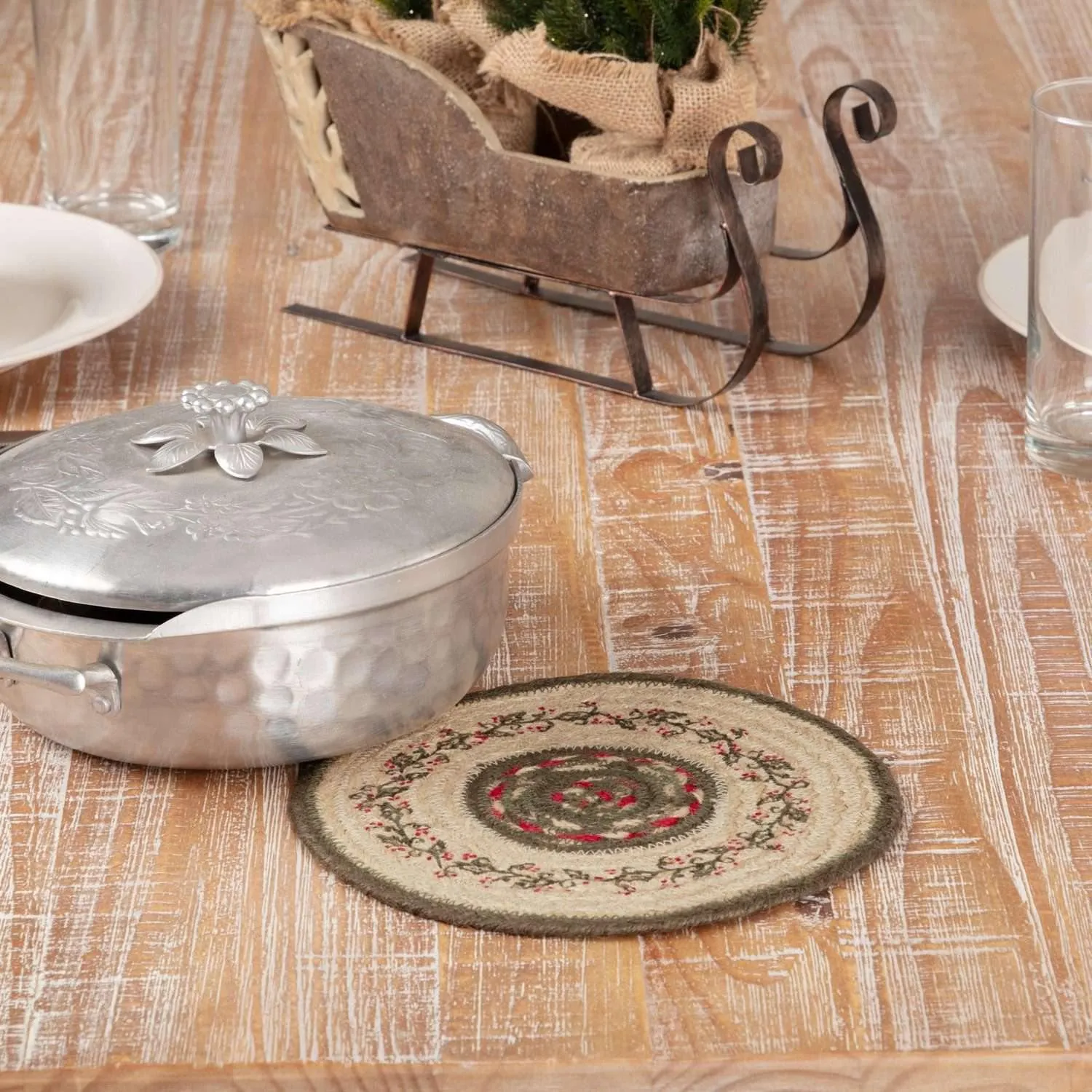 Holly Berry Jute Stencil Trivet 8" VHC Brands