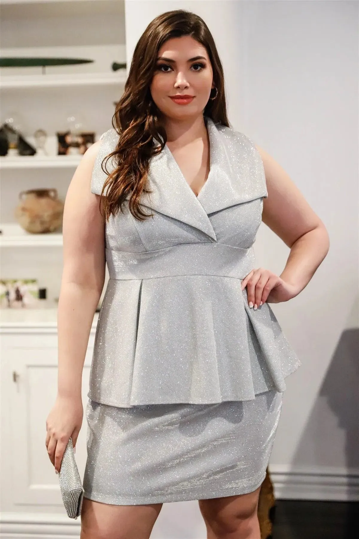 Junior Plus Silver Glitter Collared Peplum Mini Dress /3-1