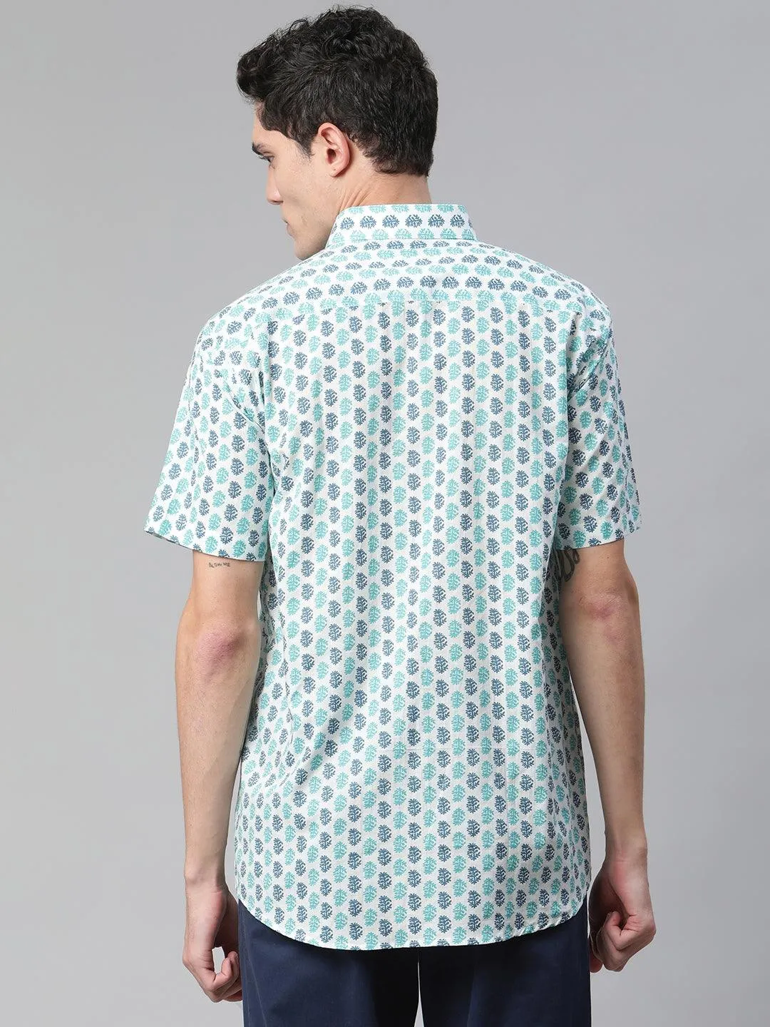Millennial Men White & Green Cotton  Half Sleeve Shirt for Men-MMH0171