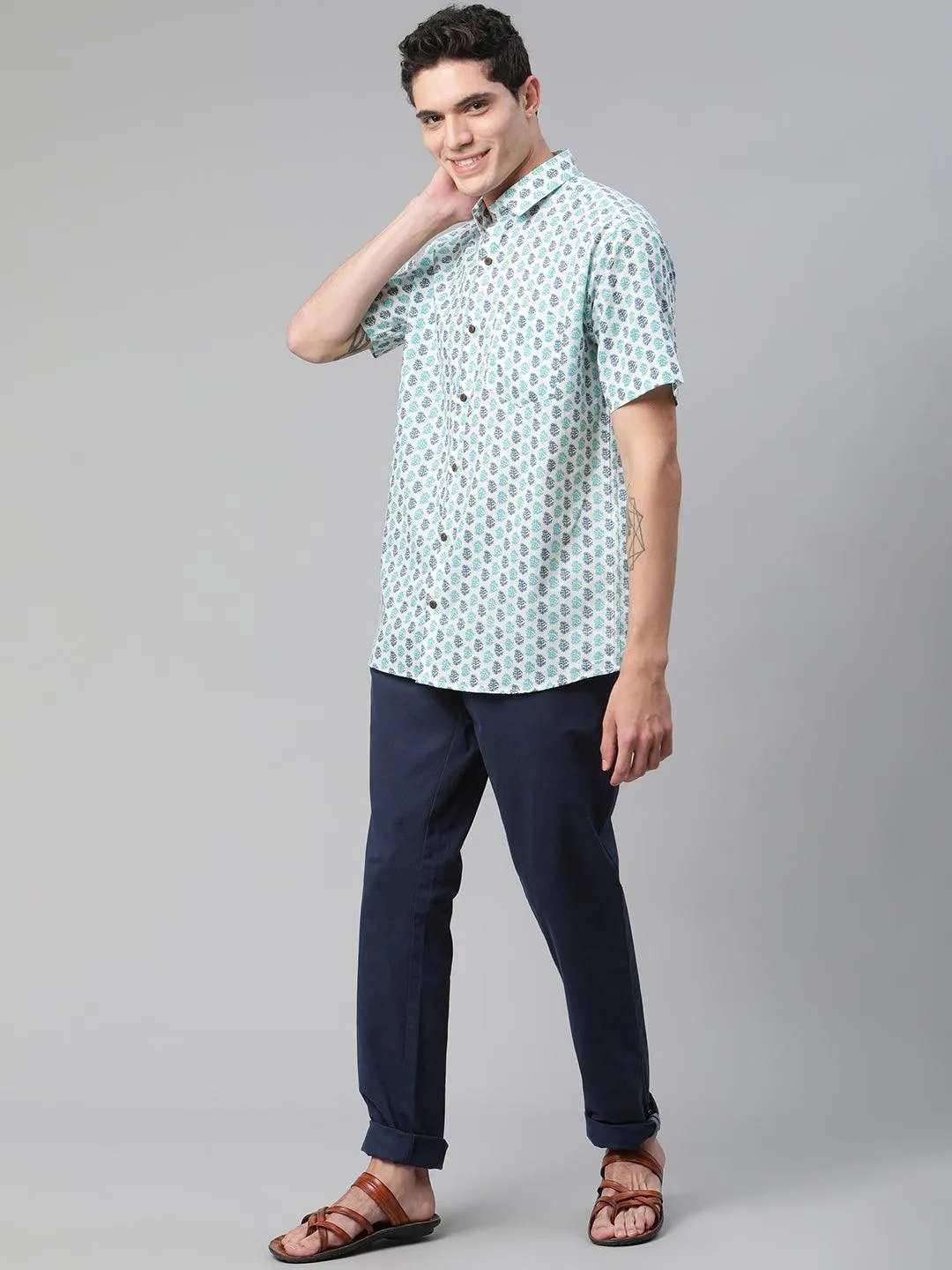 Millennial Men White & Green Cotton  Half Sleeve Shirt for Men-MMH0171