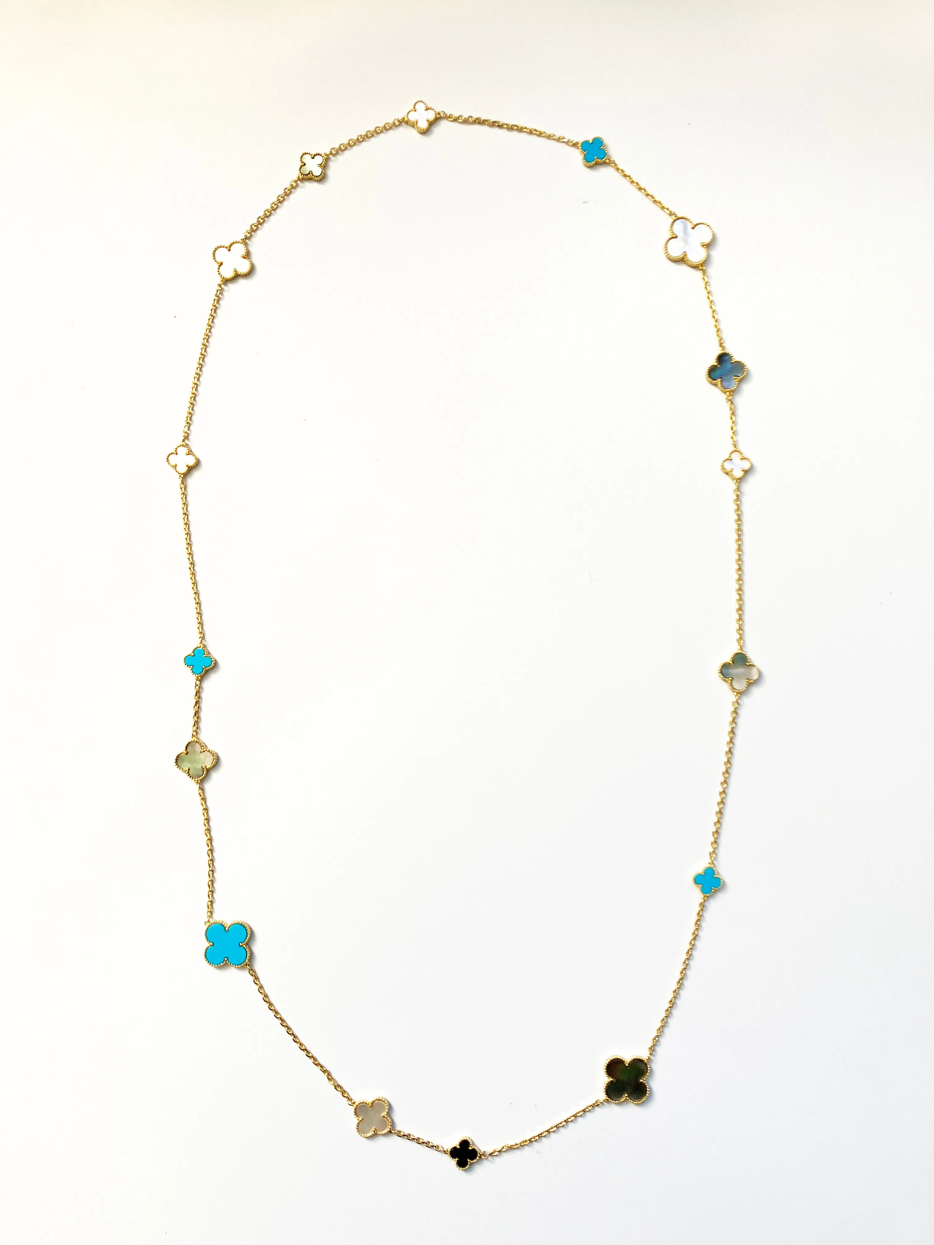 Mixed Size Turquoise and White and Gray Mother of Pearl Quatrefoil Gold Plated Necklace