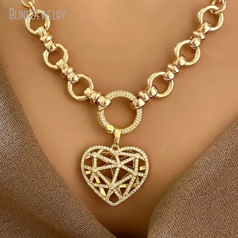 Multi Link Chain Latticework Floating Heart Pendant Necklace