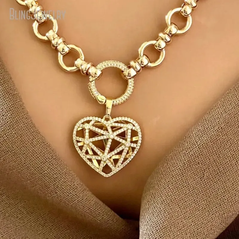 Multi Link Chain Latticework Floating Heart Pendant Necklace
