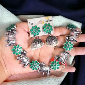 Nandi Floral Oxidized Necklace Set, Green
