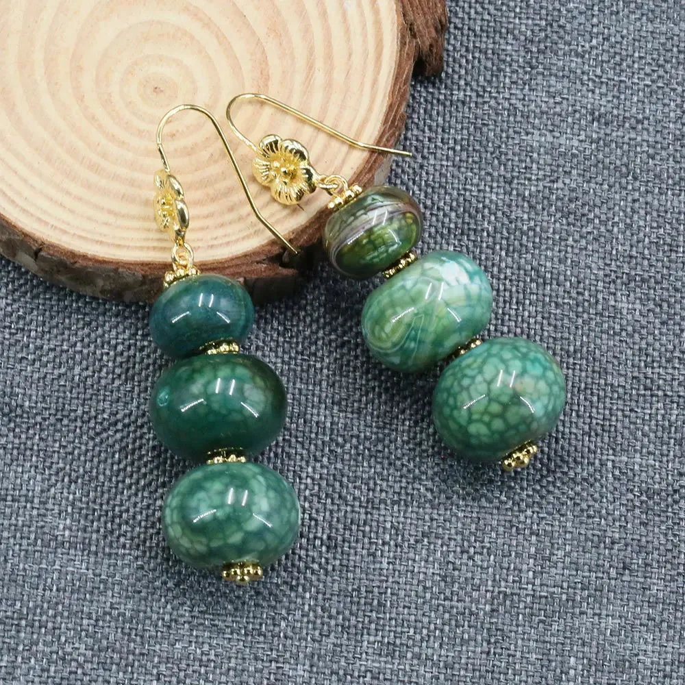 Natural Gemstone Green Emerald Agate Gray Bead Jewelry Set
