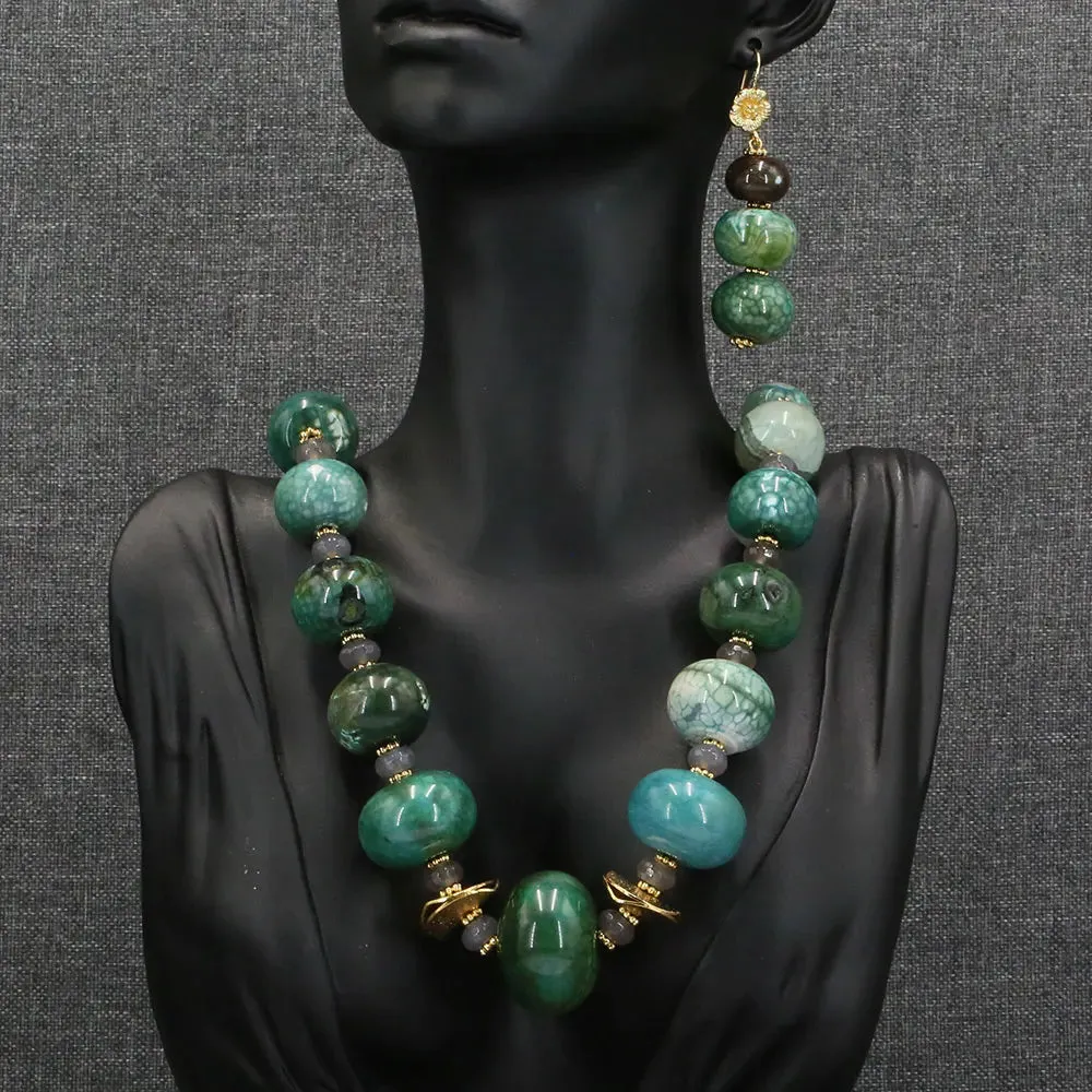 Natural Gemstone Green Emerald Agate Gray Bead Jewelry Set