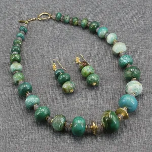 Natural Gemstone Green Emerald Agate Gray Bead Jewelry Set