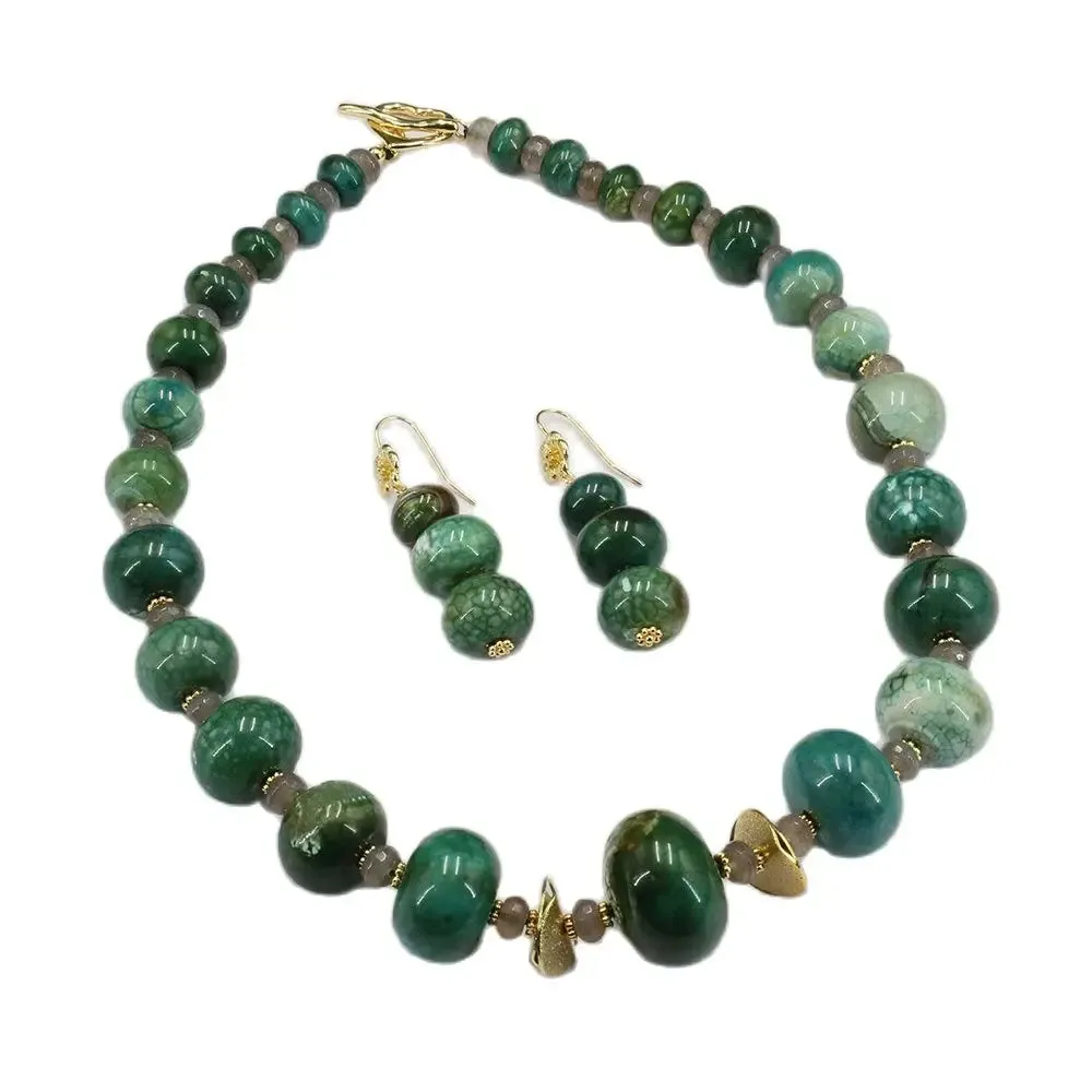 Natural Gemstone Green Emerald Agate Gray Bead Jewelry Set