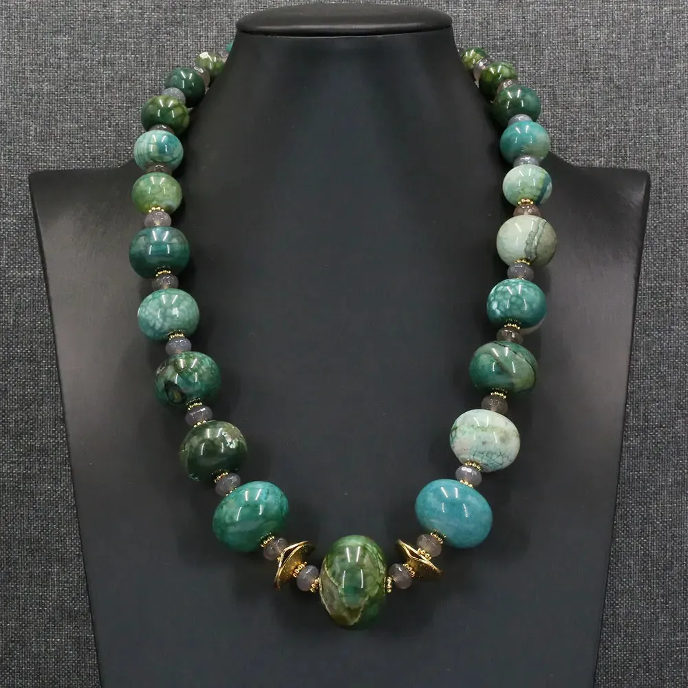 Natural Gemstone Green Emerald Agate Gray Bead Jewelry Set