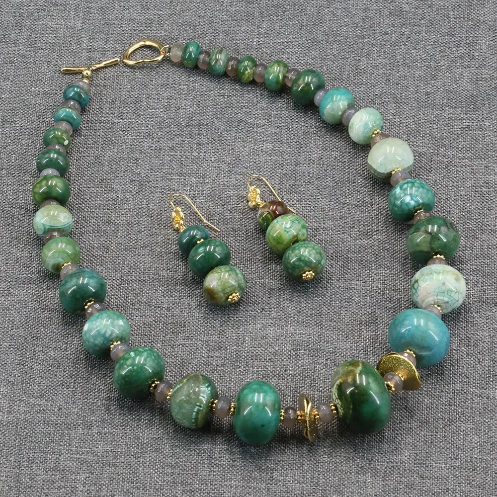 Natural Gemstone Green Emerald Agate Gray Bead Jewelry Set