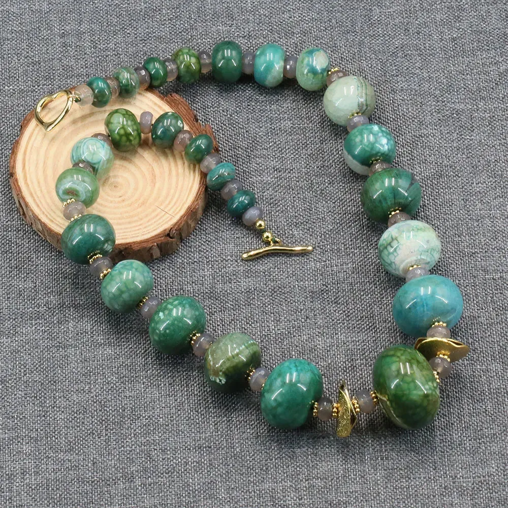 Natural Gemstone Green Emerald Agate Gray Bead Jewelry Set
