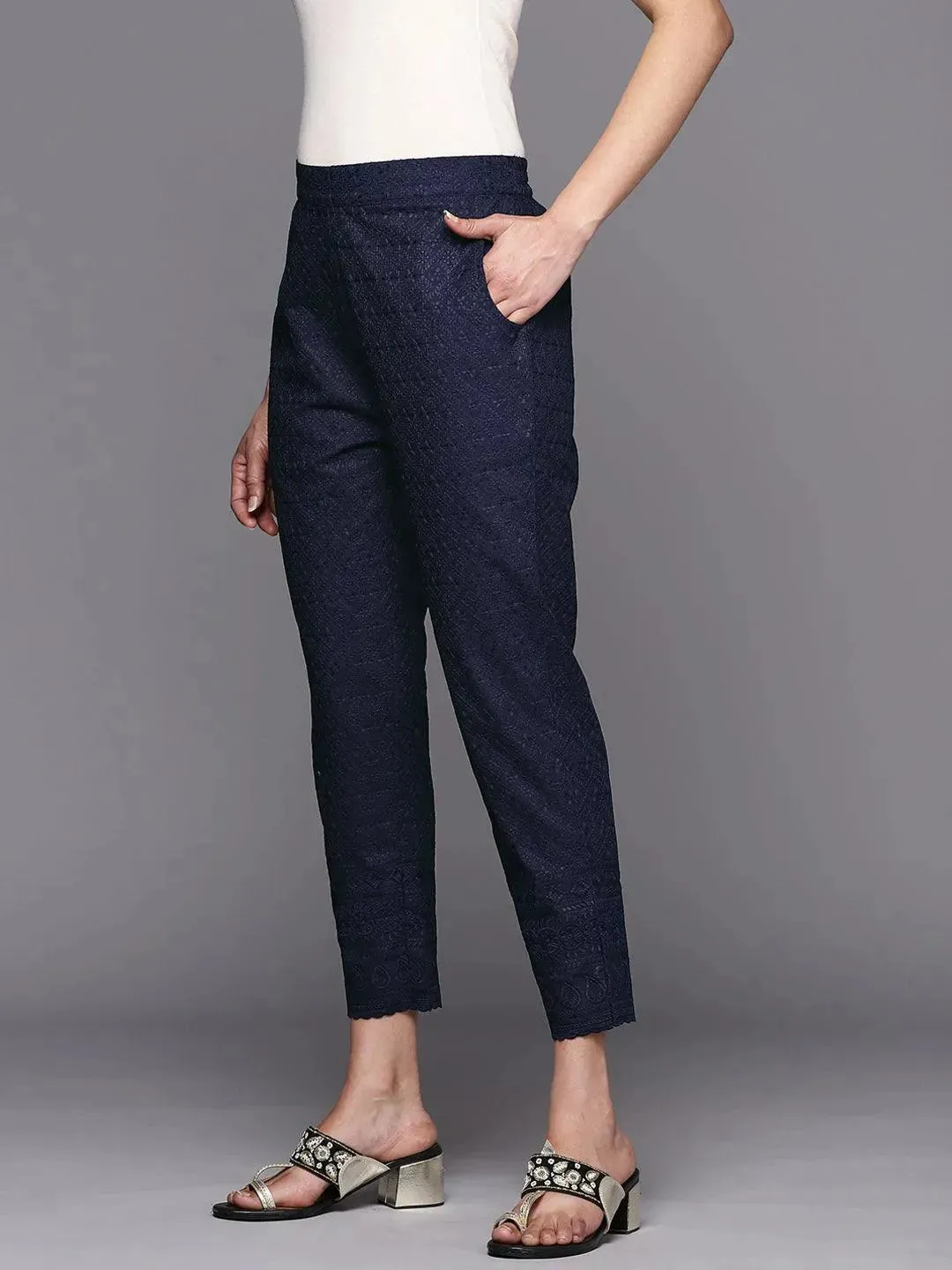 Navy Blue Embroidered Cotton Trousers
