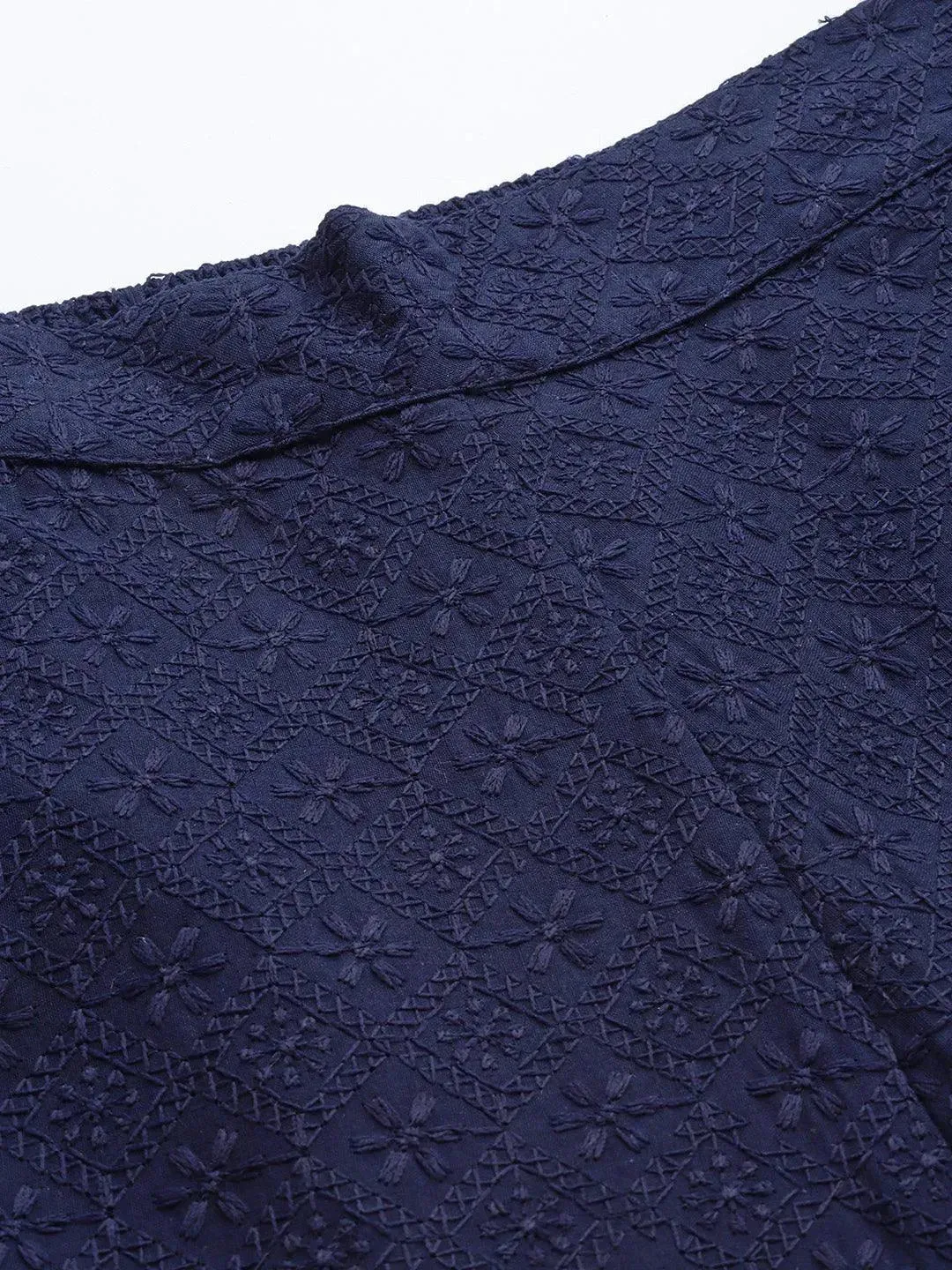 Navy Blue Embroidered Cotton Trousers